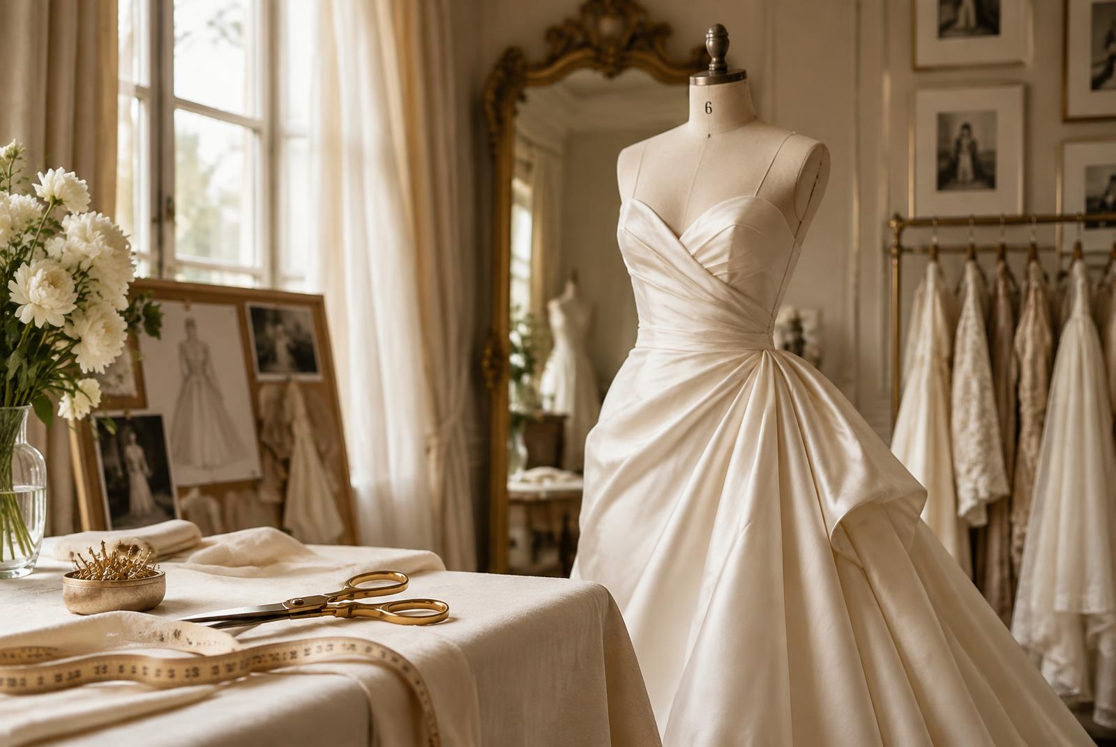 Ivory gown on a dress form in a refined tailoring atelier